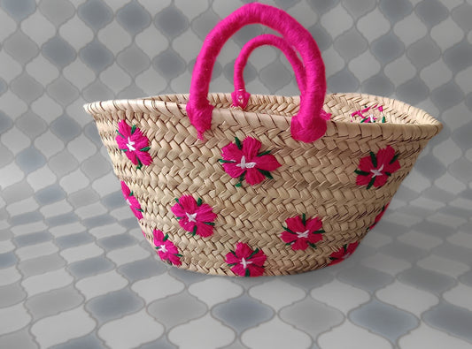 Moroccan  Ethnic Straw Tote Bag -Pink Flower