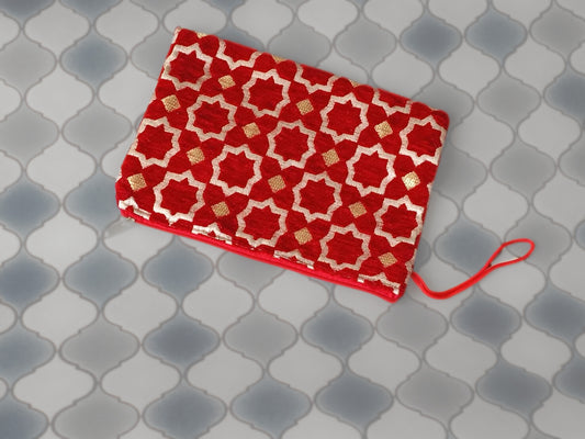 Moroccan Tiles Ethnic Pouch Medium size- Red