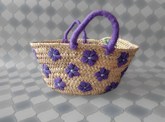 Moroccan  Ethnic Embellished Medium Straw Tote Bag- Purple Flowers